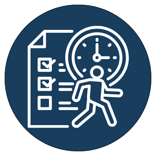 Une icône représentant une personne qui court avec un grand calendrier et une horloge en arrière-plan.