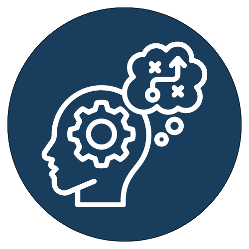 Icône représentant une tête humaine avec un engrenage à l'intérieur et un nuage de réflexion contenant des flèches et des X.