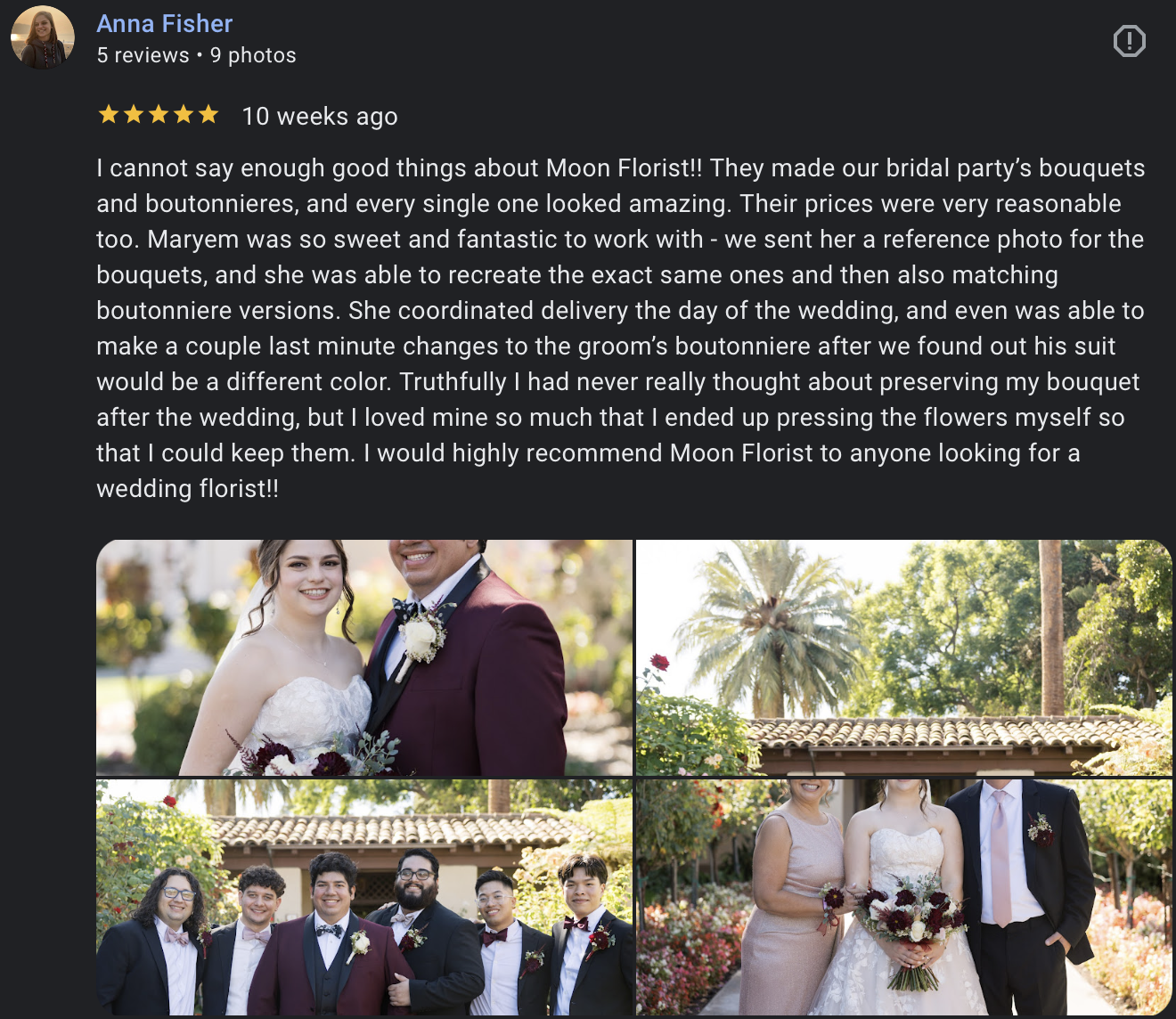 A collage of four wedding photographs featuring a bride, groom, bridesmaids, groomsmen, and wedding bouquets in a garden setting with trees and flowers.