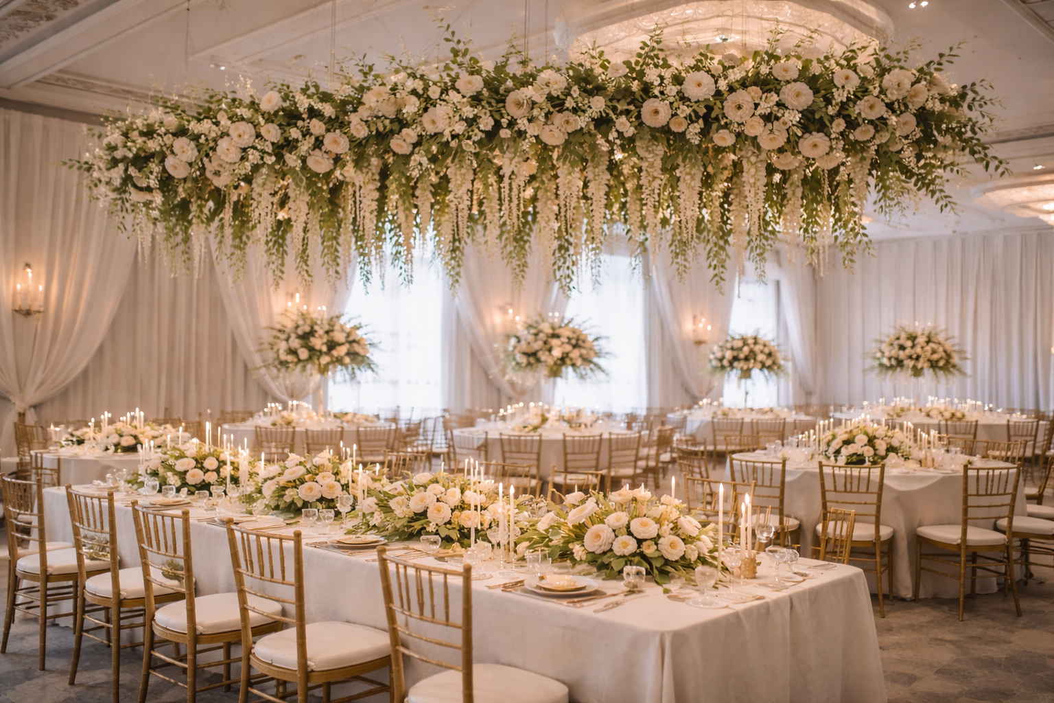 Elegant wedding reception with long tables decorated with white tablecloths, floral centerpieces, and lit candles, with a floral ceiling installation and draped white curtains in the background.