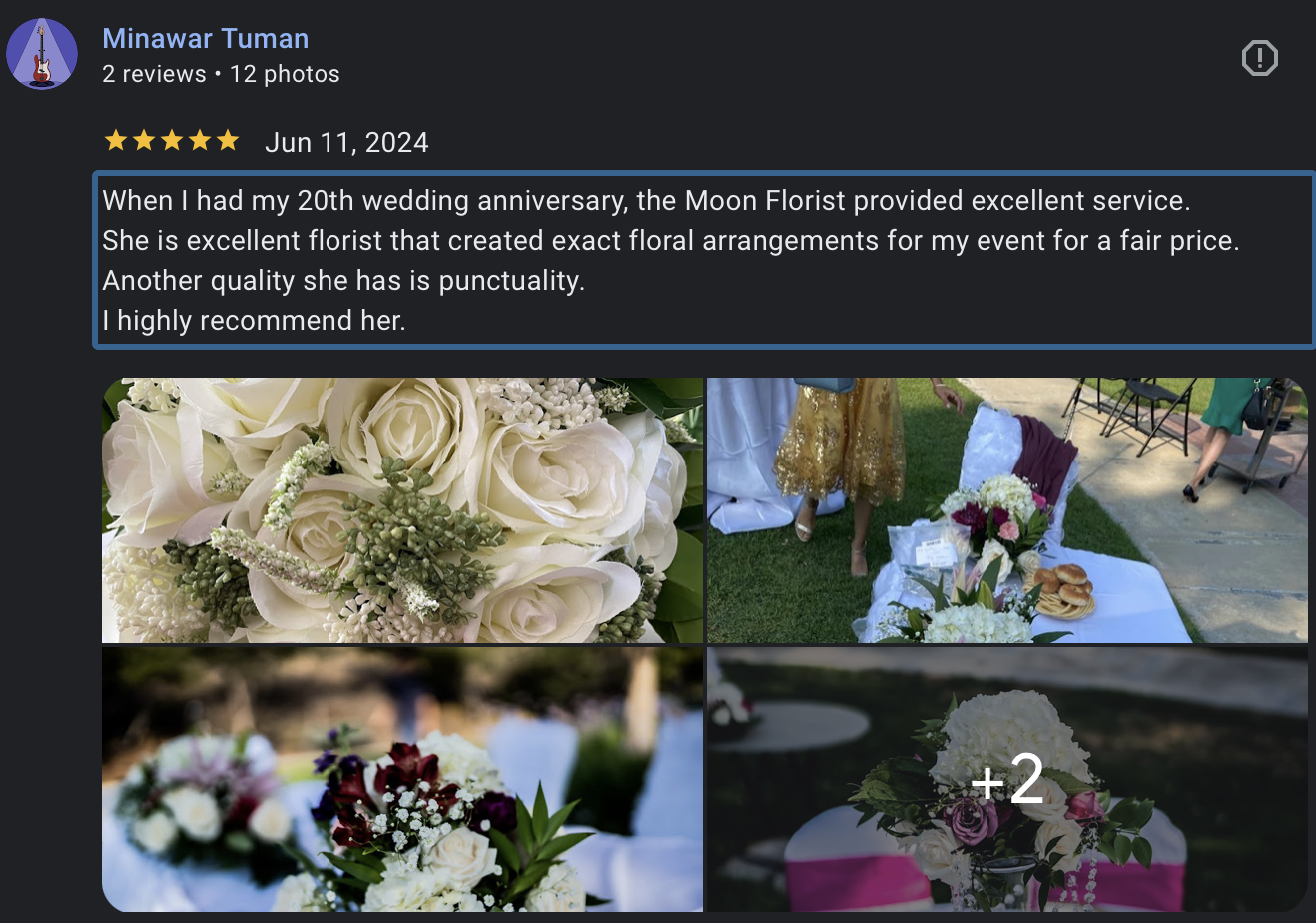 Images of floral arrangements, a table with flowers, pastries, and chairs, and people in dress attending an outdoor event, likely a wedding.