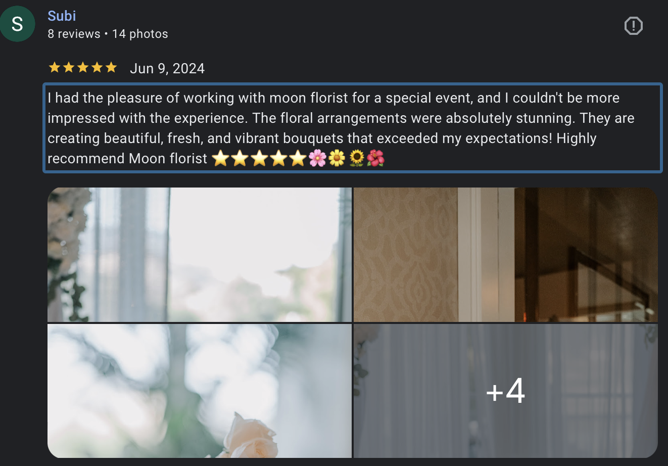 Collection of floral arrangements and bouquets displayed at Moon Florist, including natural, vibrant flowers in various settings.