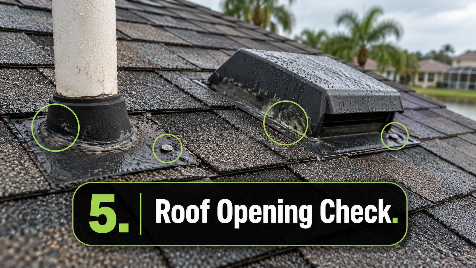 Viera FL asphalt shingle roof with pipe boot and roof vent showing light sealant wear and moisture after recent rain