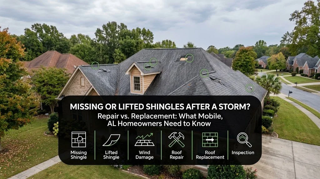 Missing or Lifted Shingles After a Storm in Mobile, AL? When You Need a Repair vs. Replacement