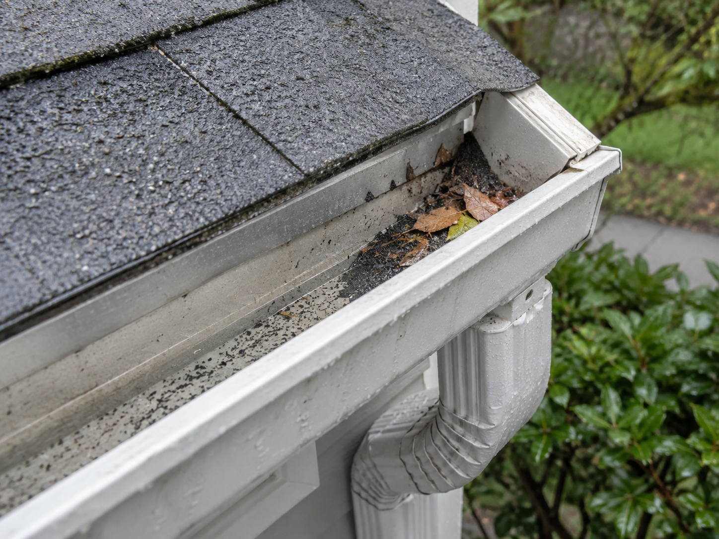 Asphalt shingle granules collected near a gutter downspout after rain.