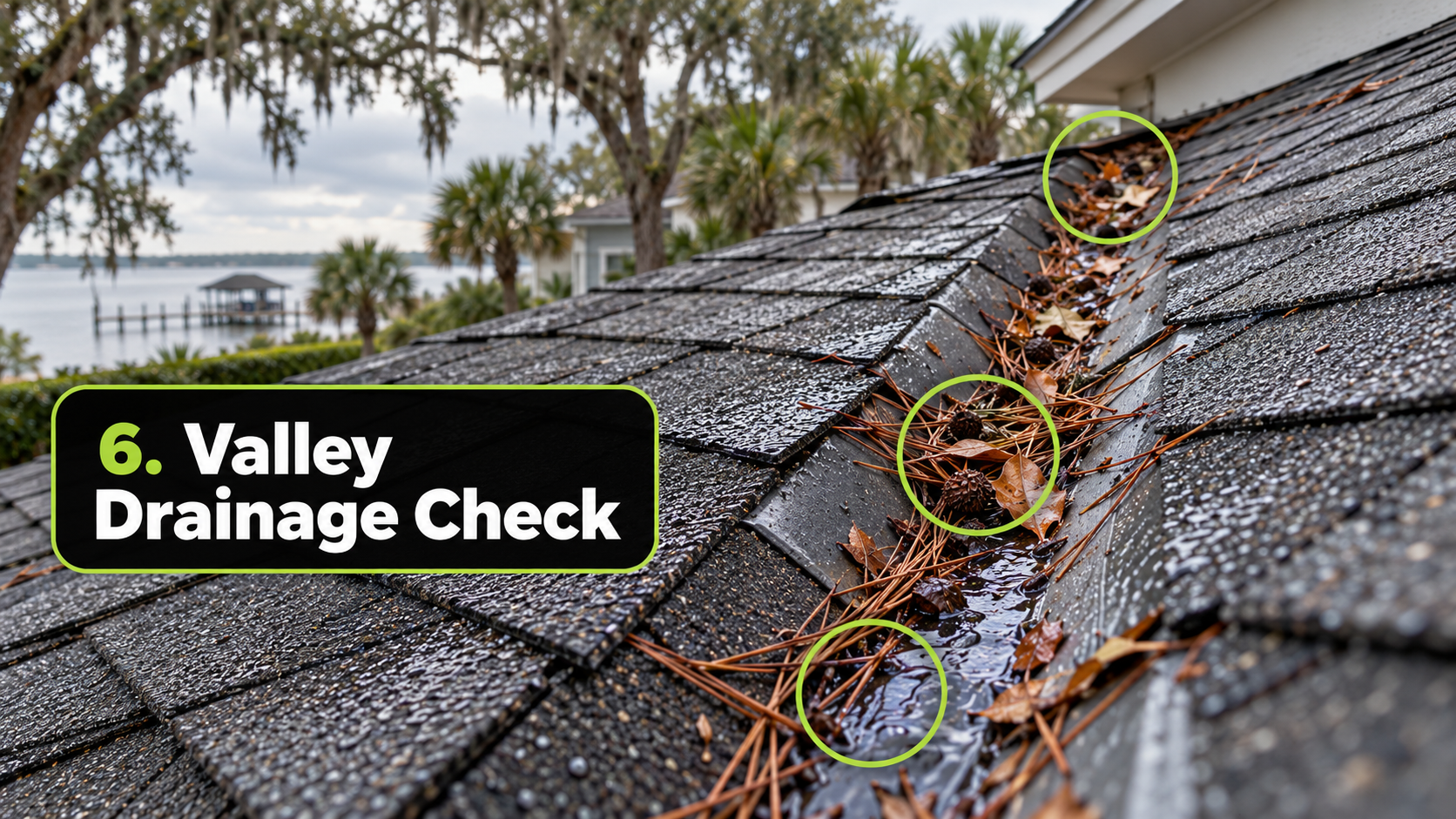 Mobile AL asphalt shingle roof valley with pine needles, live oak leaves, and wet debris buildup affecting drainage after fall rain.
