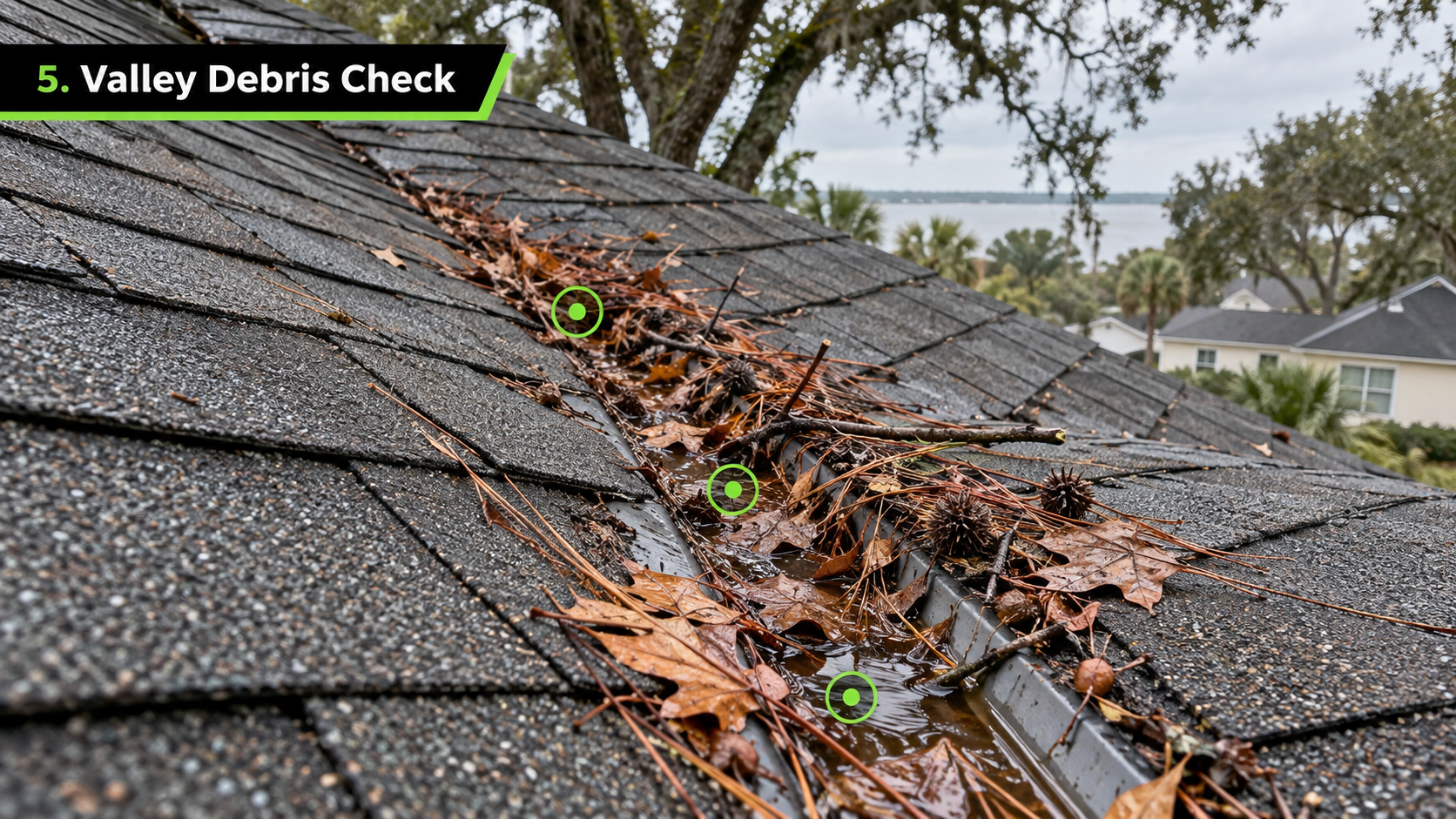 Daphne AL asphalt shingle roof valley with wet leaves, pine needles, seed pods, and debris buildup affecting water flow after fall rain.