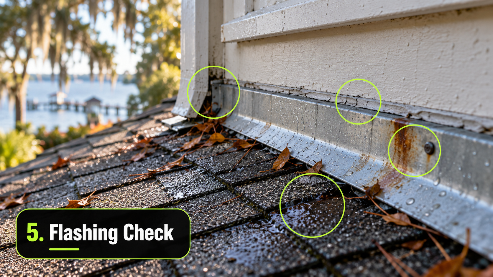 Fairhope AL roof flashing with mild sealant cracking, light rust discoloration, damp shingles, and leaves near a roof transition after rain.