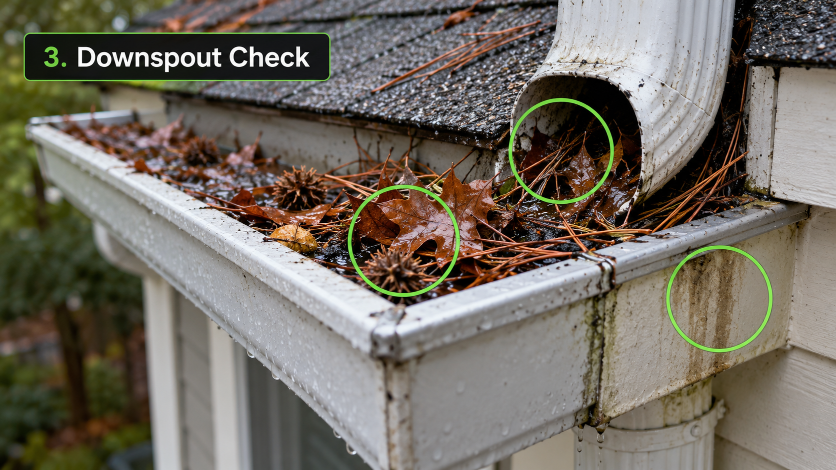 Daphne AL gutter corner and downspout with wet leaves, pine needles, seed pods, and shingle granules causing drainage blockage after fall rain.