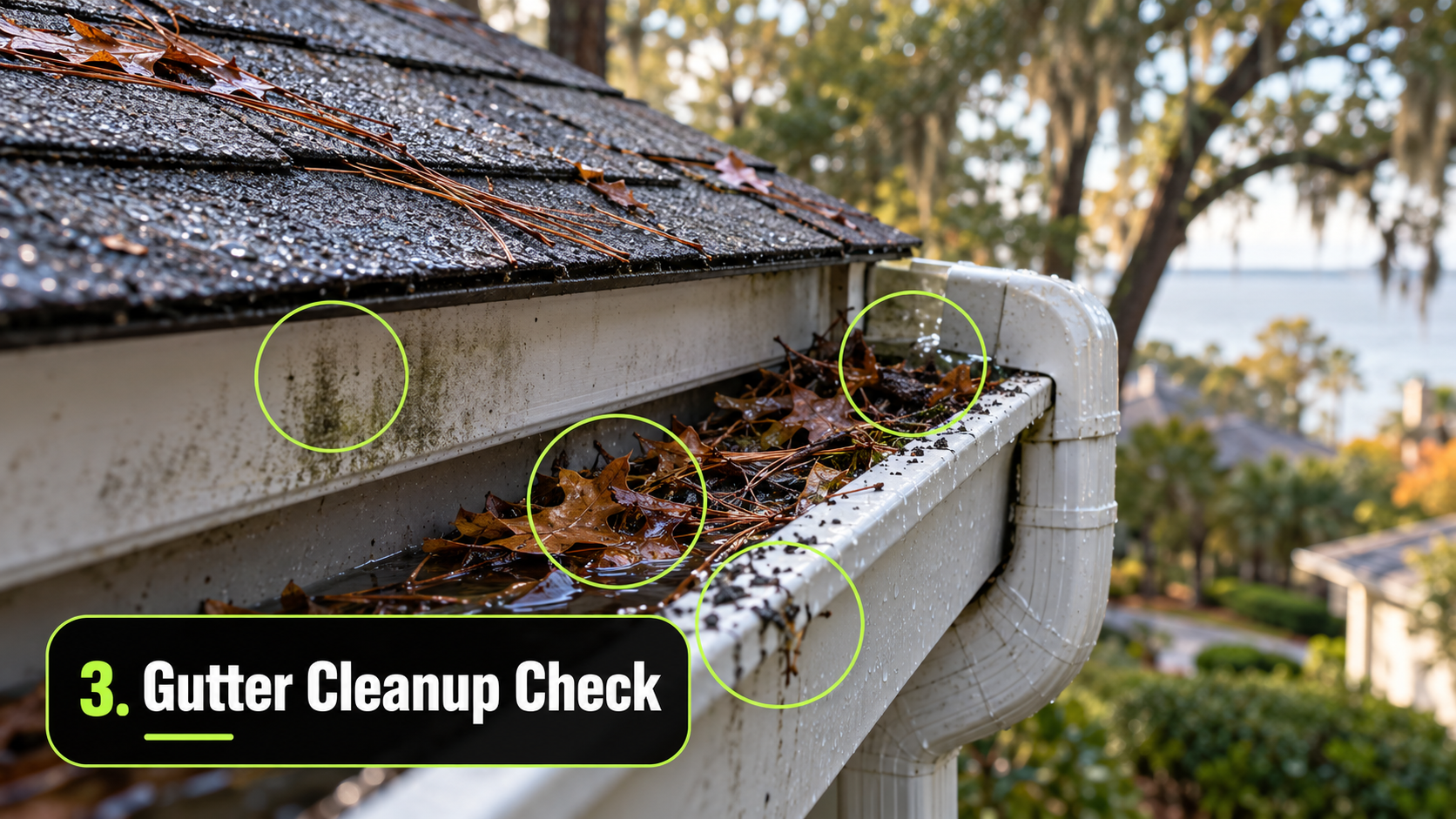 Fairhope AL gutter with wet leaves, pine needles, shingle granules, and light fascia staining after fall rain.