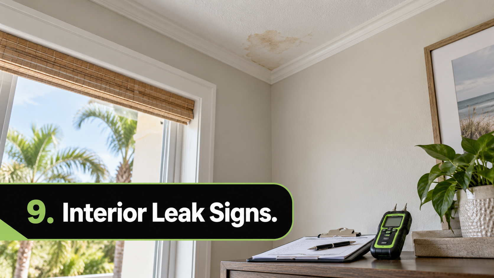 Florida home interior with a small ceiling water stain near the corner and a moisture meter below, showing signs of a roof leak after heavy rain.