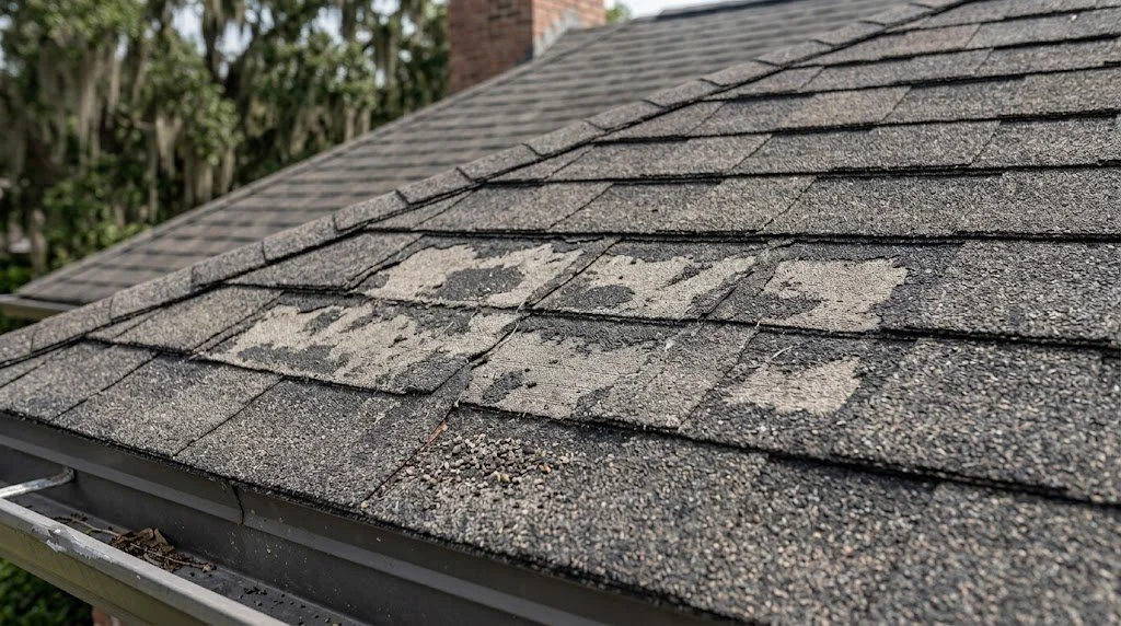 Asphalt shingles with patchy surface wear and excessive granule loss.