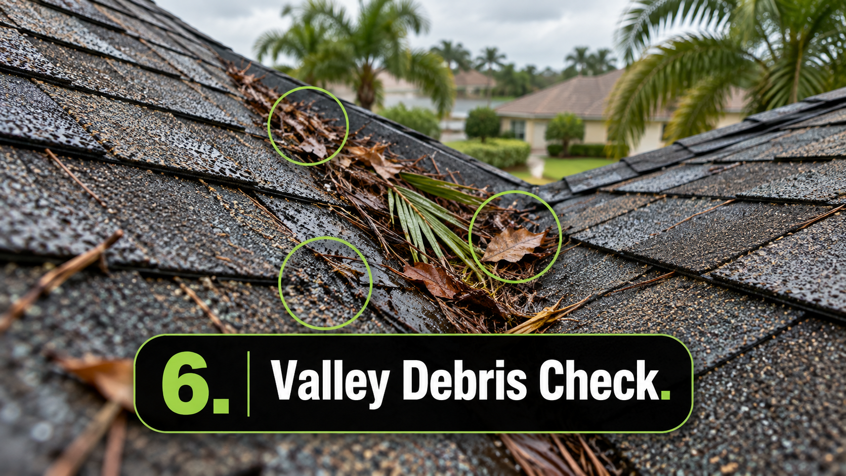 Viera FL asphalt shingle roof valley with palm fronds, leaves, pine needles, and debris buildup during fall roof maintenance.