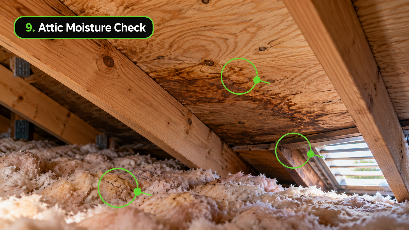 Spanish Fort AL attic with roof decking moisture staining near the eave and insulation, showing hidden attic moisture during fall roof inspection.