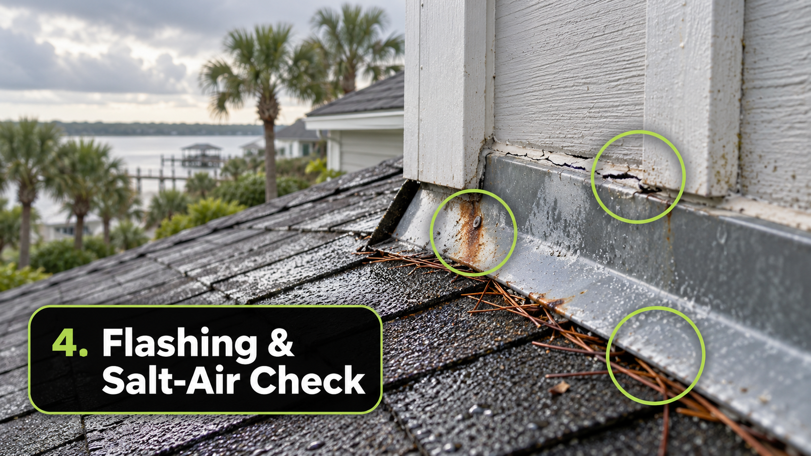 Mobile AL asphalt shingle roof flashing with light rust, cracked sealant, damp shingles, and pine needles from coastal salt-air exposure.