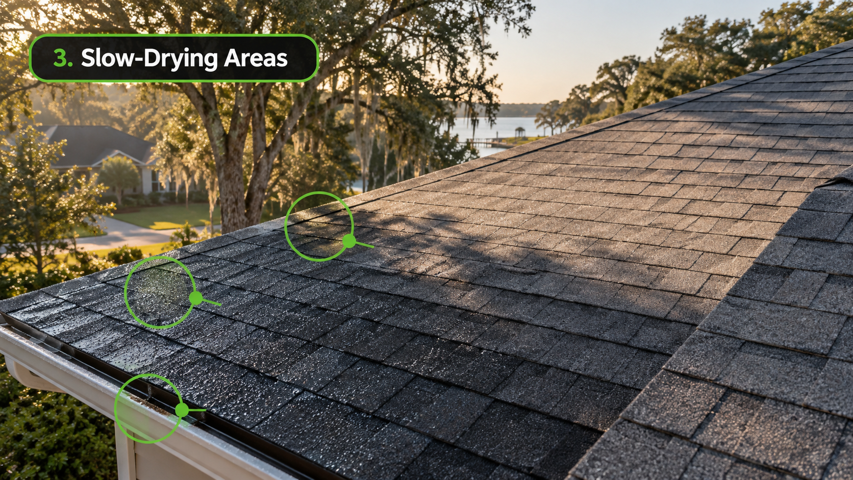 Spanish Fort AL asphalt shingle roof with shaded slow-drying areas, morning dew, and moisture patterns during fall roof maintenance.