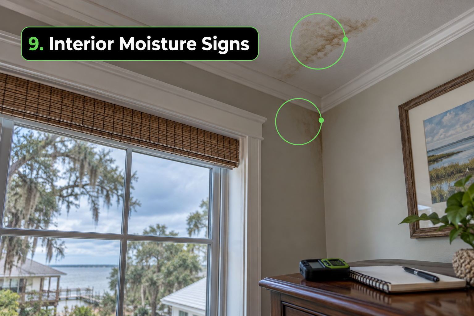 Mobile AL home interior with a small ceiling water stain and damp upper wall corner showing early roof leak warning signs before winter.