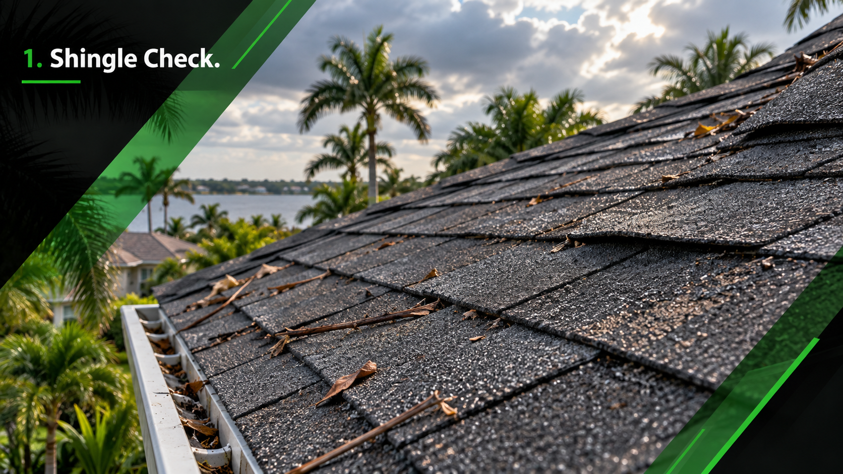Post-hurricane asphalt shingle inspection in Melbourne, FL showing lifted edges, minor granule loss, and light storm debris.