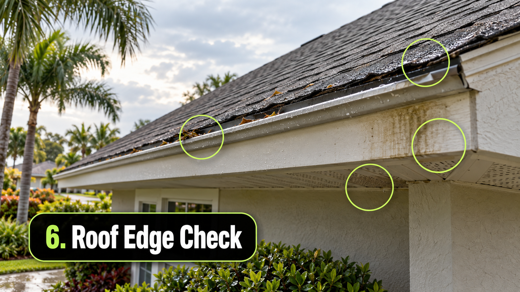 Roof edge in Rockledge and Cocoa FL showing light fascia staining, damp soffit, gutter debris, and minor wear after summer rain.