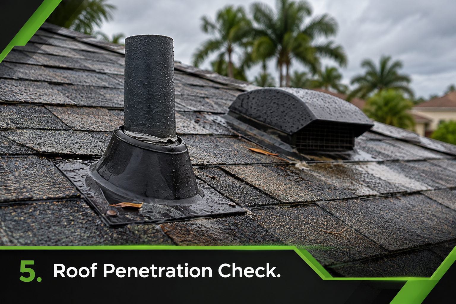 Melbourne FL roof with pipe boot and roof vent showing light sealant wear and moisture staining after hurricane season.