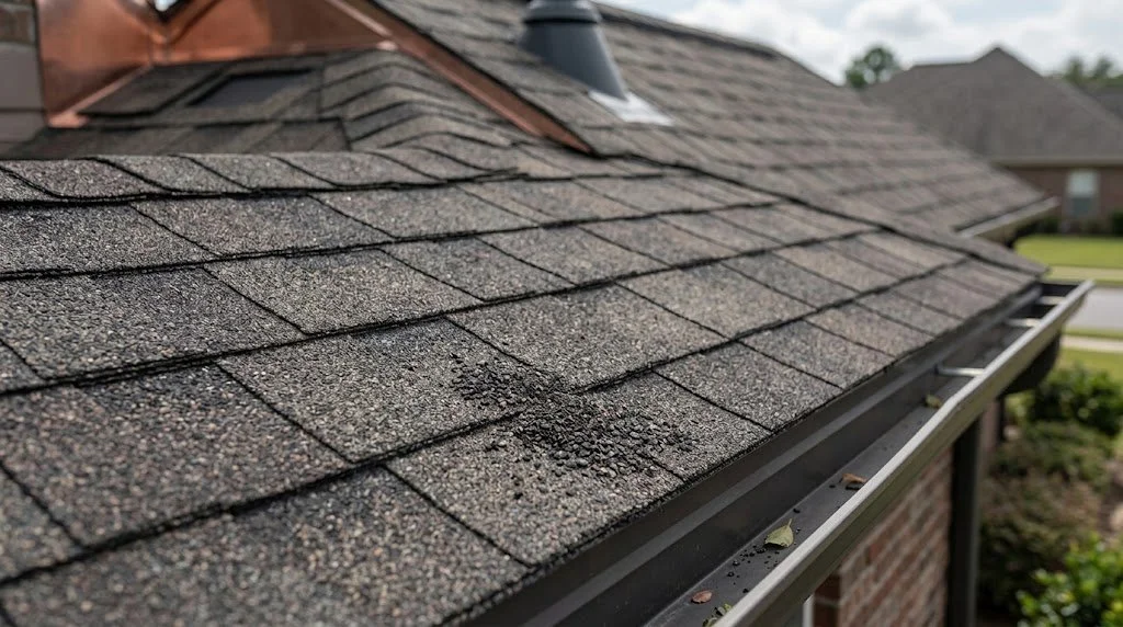 Close-up of mineral granules on architectural asphalt roof shingles.