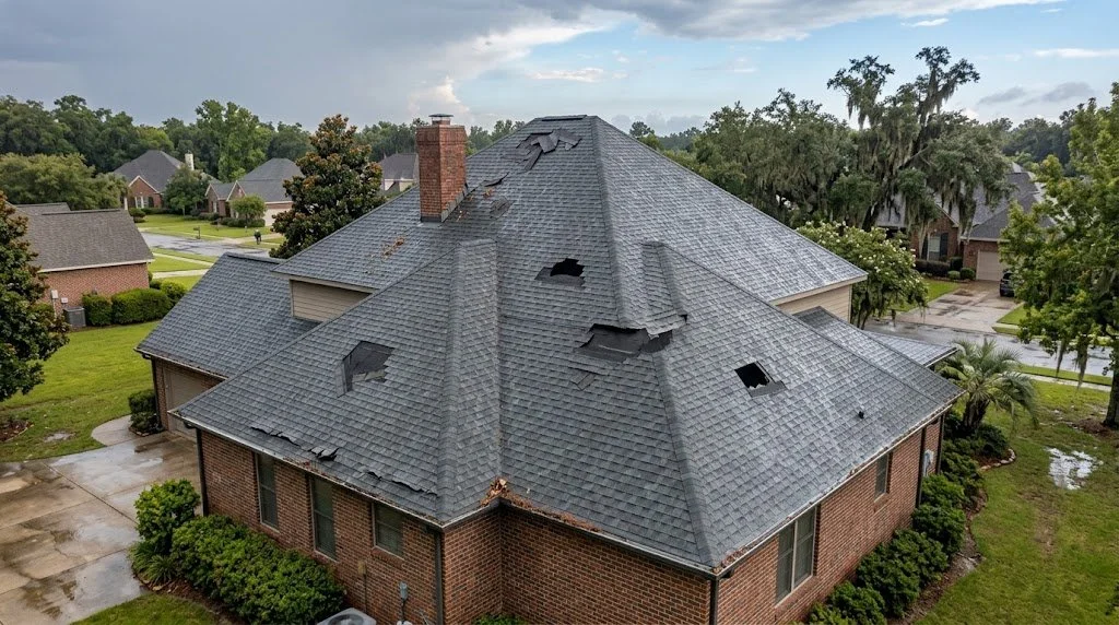 Storm-damaged asphalt shingle roof in Mobile Alabama