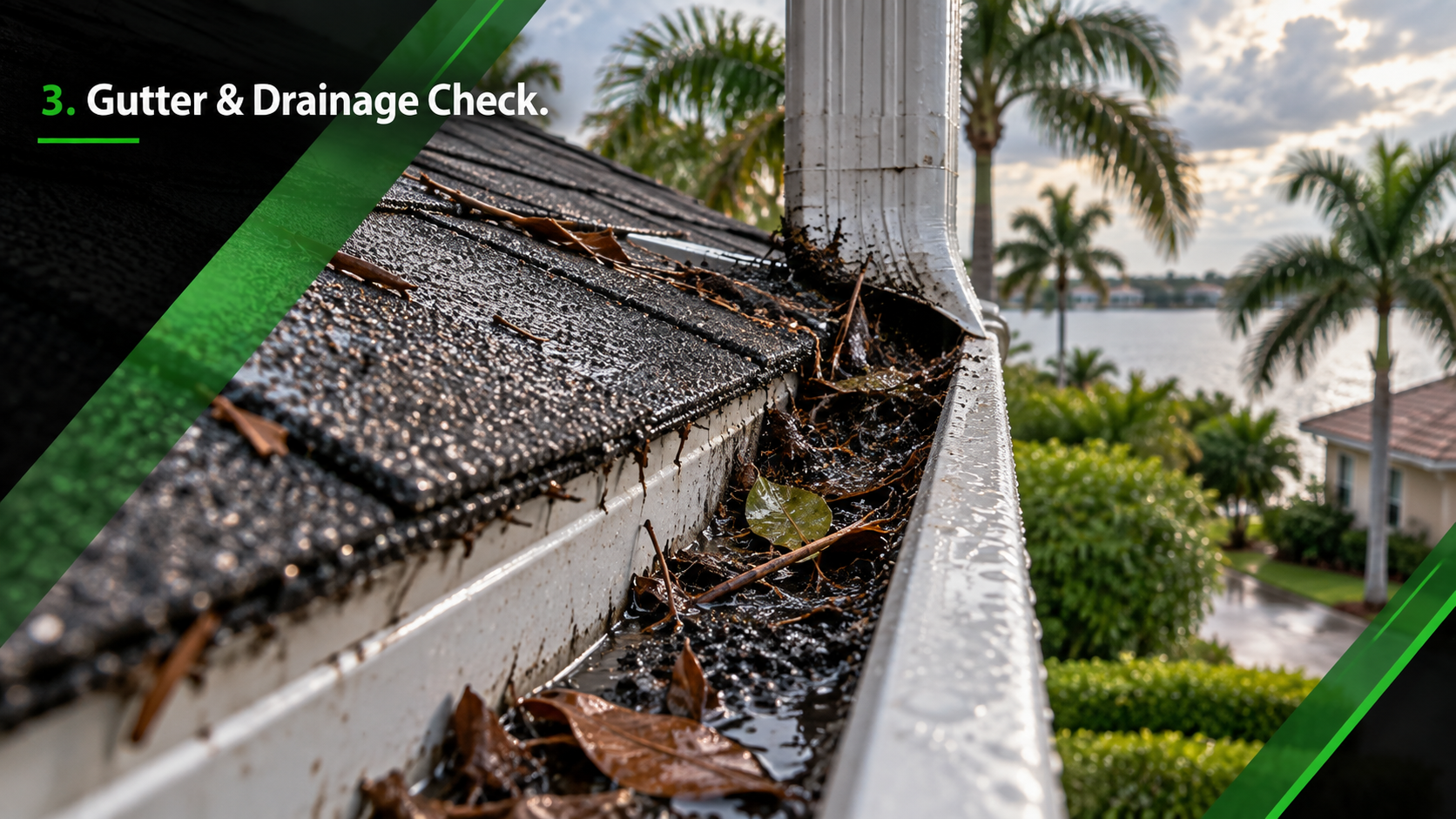 Melbourne FL roof gutter with storm debris and shingle granules after hurricane season.