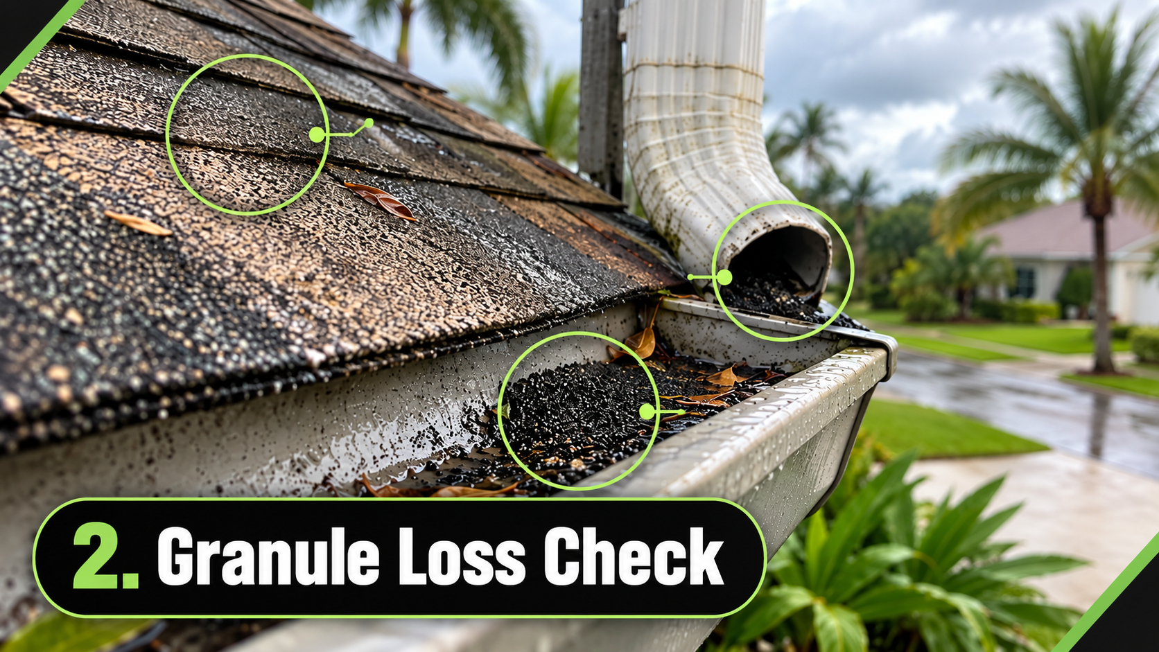 Close-up of asphalt shingle granules collected near a gutter corner and downspout on a Florida roof after summer rain.