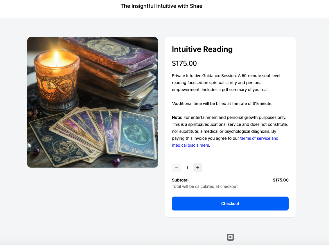 Small business launch services example of a webpage showing a tarot card reading service, with a photo of tarot cards, a lit candle, and a stack of tarot decks on the left, and text detailing the service, price, and checkout options on the right.