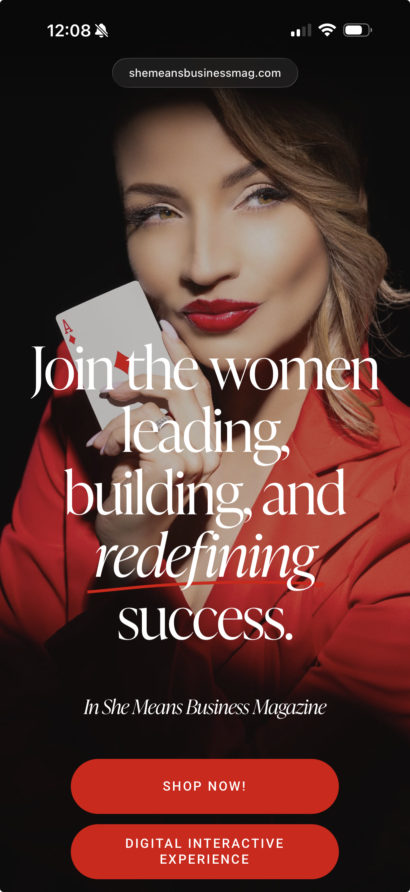 A woman with brown hair, red lipstick, and red blazer holding an ace of diamonds playing card, with overlay text promoting women's leadership and success revealing Squarespace specialist services with The Simple Mouse.