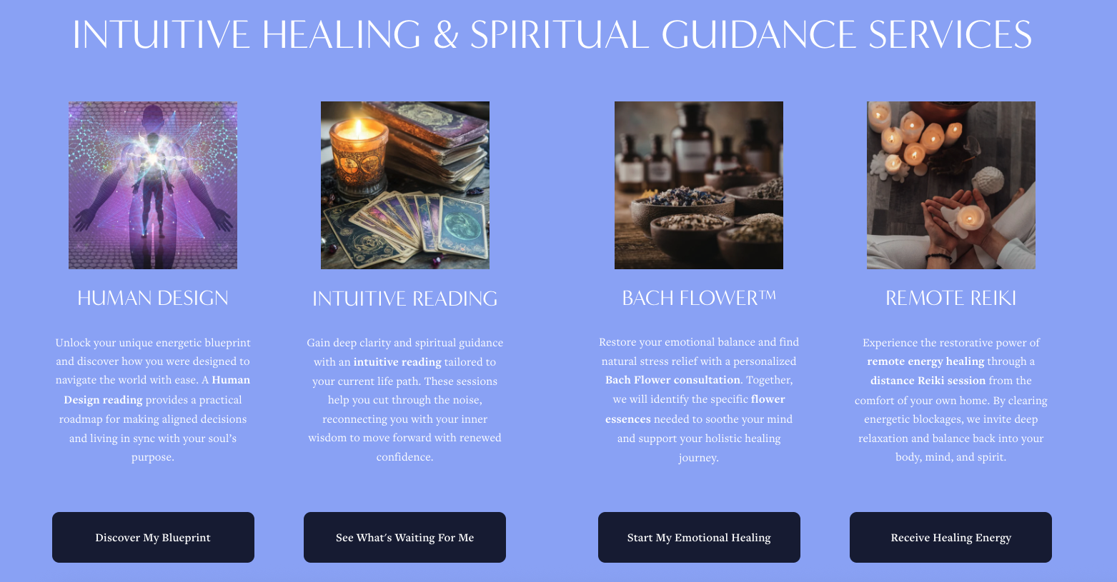 A website example that is periwinkle and white with colorful icons done by Squarespace Website Designer for Small Business, The Simple Mouse.