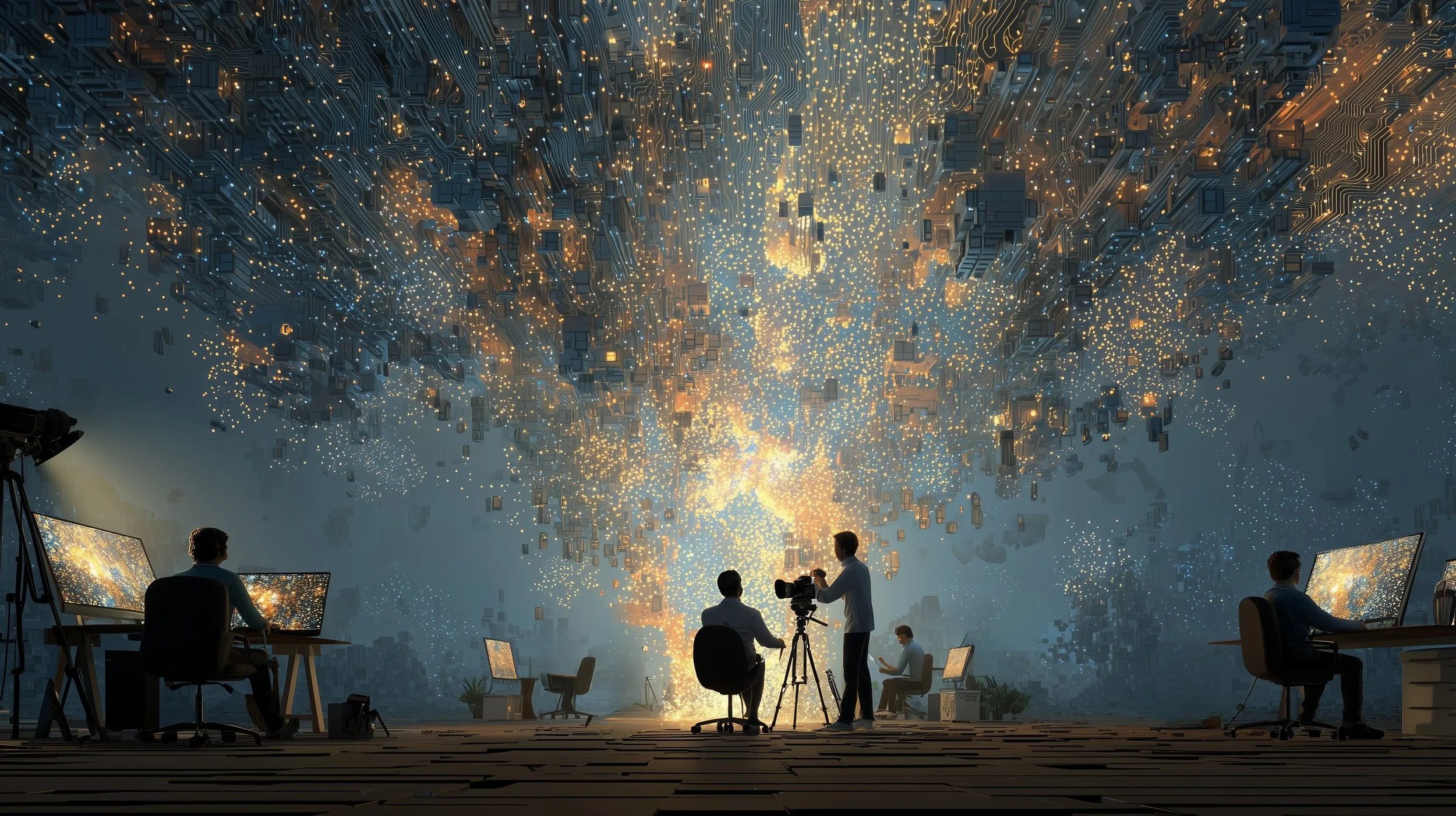 A small creative studio team working across computers and camera equipment as an explosion of digital content and AI-powered creative output rises above them