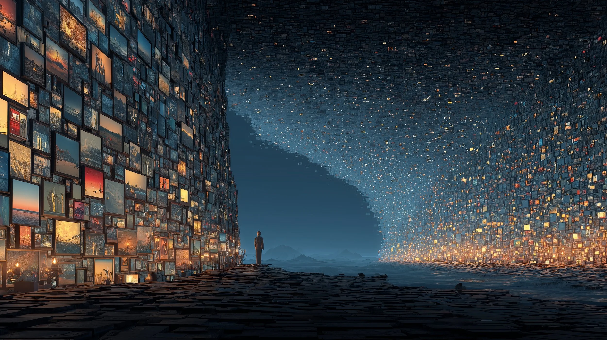 A person standing at the edge of a vast wave of digital content screens and AI-generated media curving overhead, illustrating the long tail effect in the creative industry.