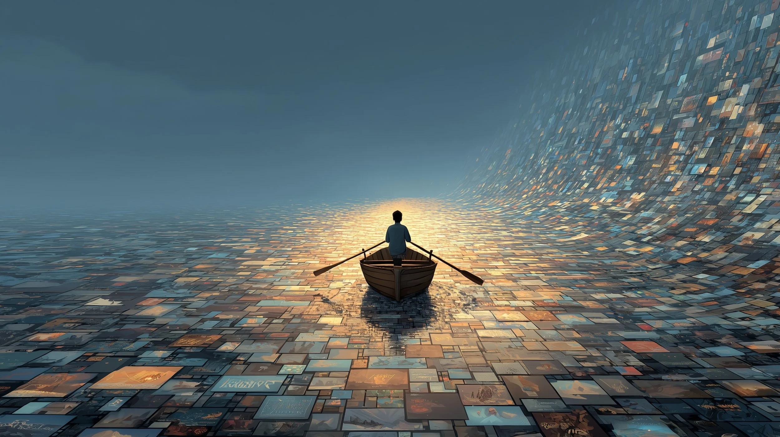 A person rowing a small wooden boat across an endless sea of AI-generated digital content, social media posts and generic images forming the surface in every direction.