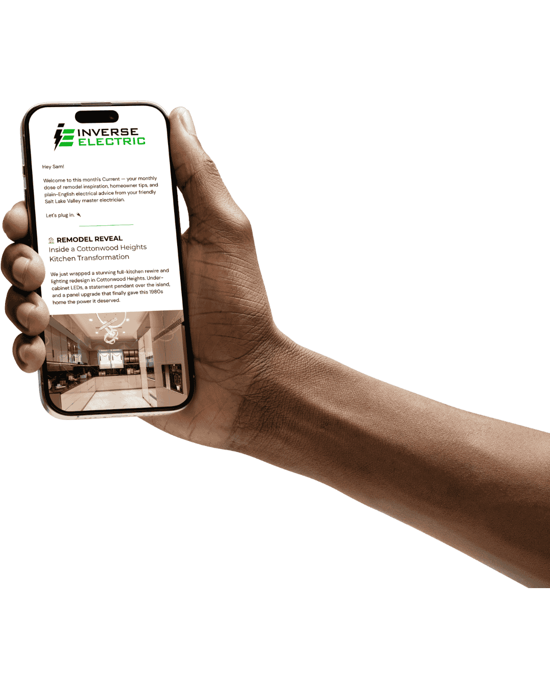 Hand holding Inverse Electrical Newsletter Email on iPhone