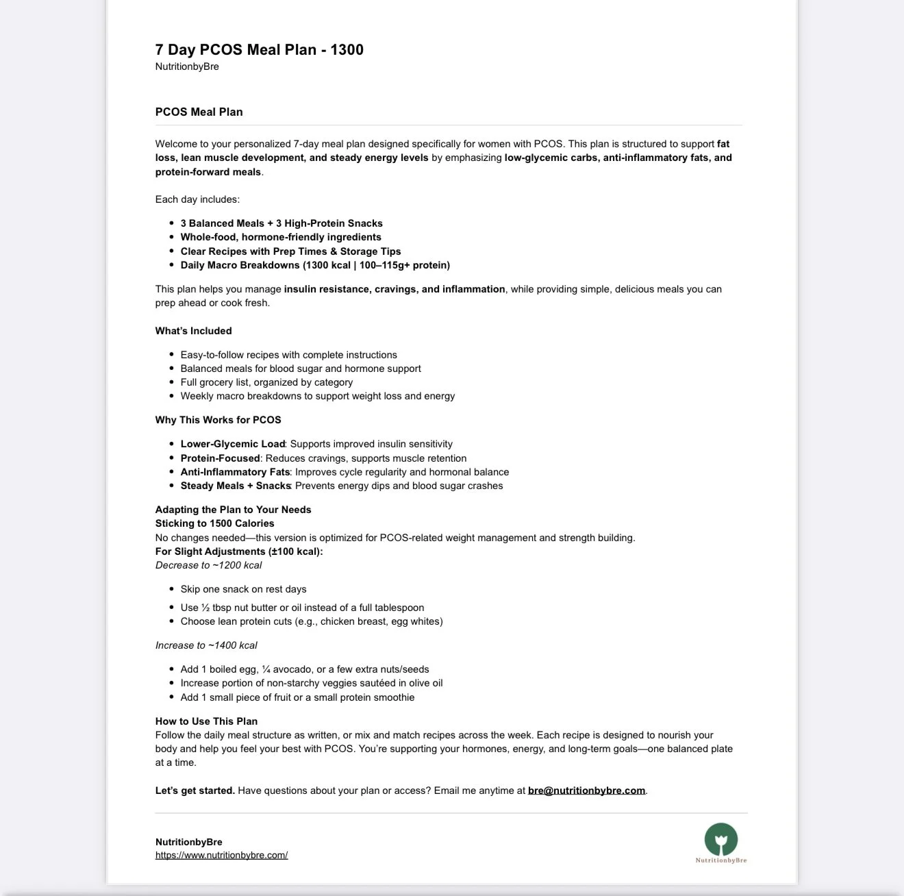 Free printable 1300 calorie PCOS diet plan PDF with balanced daily meals