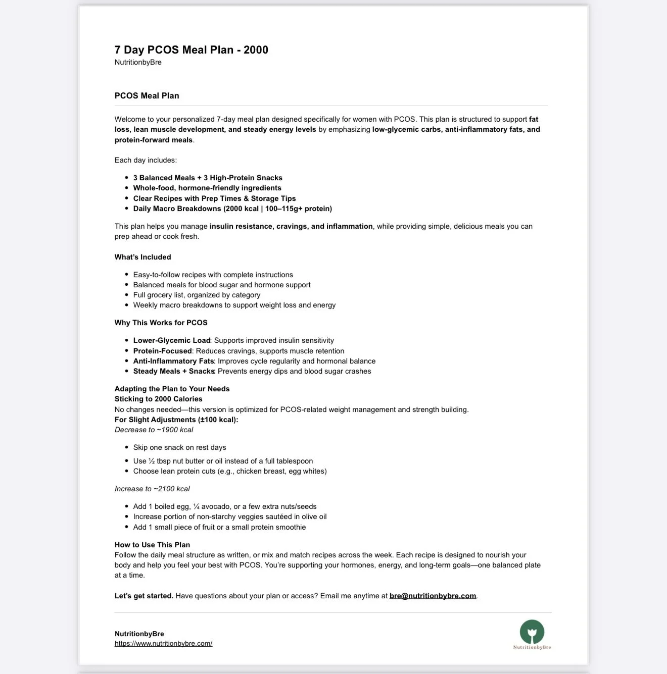 Free 2000 calorie PCOS diet plan PDF with balanced meals for women