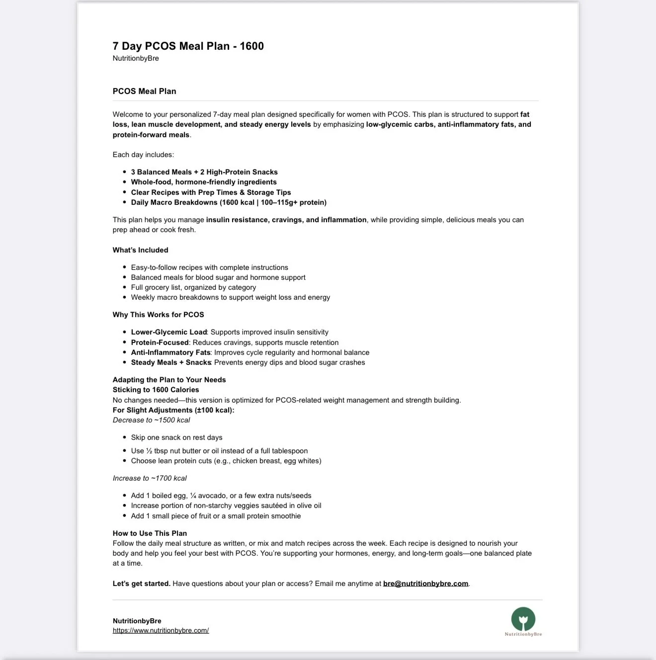 7-day PCOS diet plan 1600 calories free PDF for hormone and weight balance