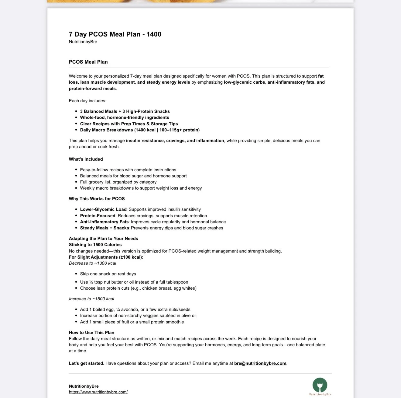 Free 1400 calorie PCOS meal plan PDF for insulin resistance and energy