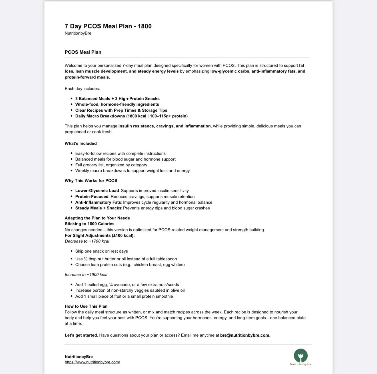 7-day PCOS diet plan 1800 calories PDF for sustainable weight loss