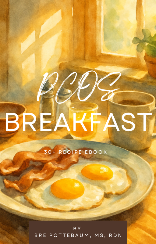 High-protein PCOS-friendly breakfast bowl with eggs, avocado, and greens from the PCOS Breakfast Recipes eBook by dietitian Bre Pottebaum, MS, RDN