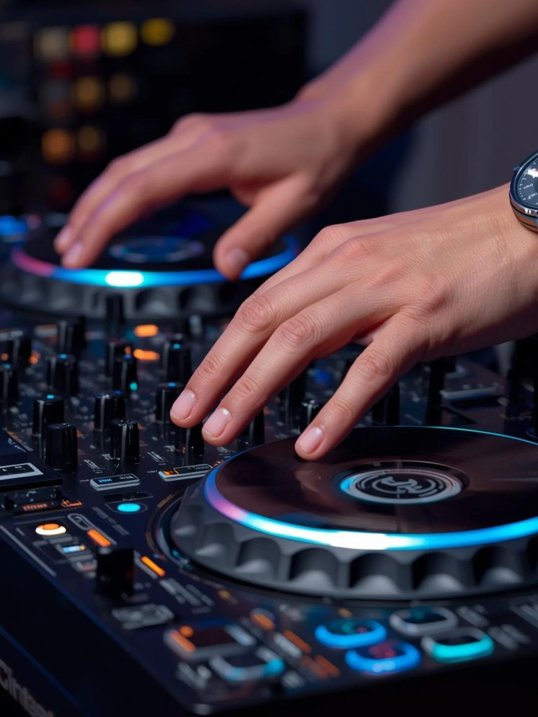 Close-up of a DJ's hands operating a professional DJ controller with colorful LED lights, wearing a watch on one wrist.