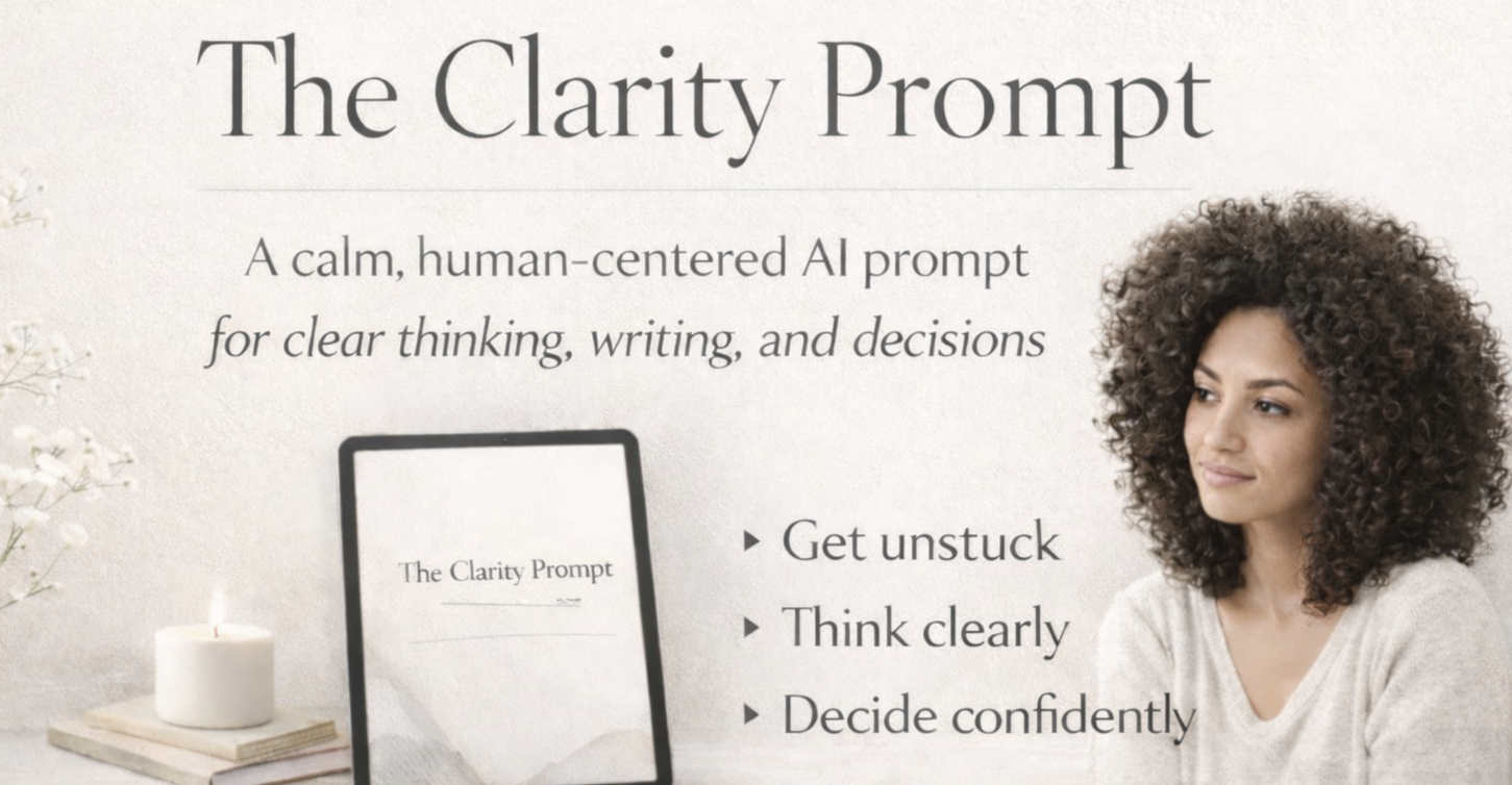 The Clarity Prompt Master Edition — a structured AI decision-making framework for professional women, shown with a reflective journal and candle