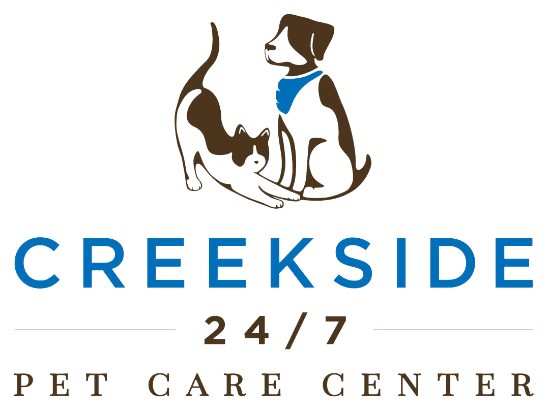 Logo for Creekside 24/7 Pet Care Center featuring a cat and dog illustration