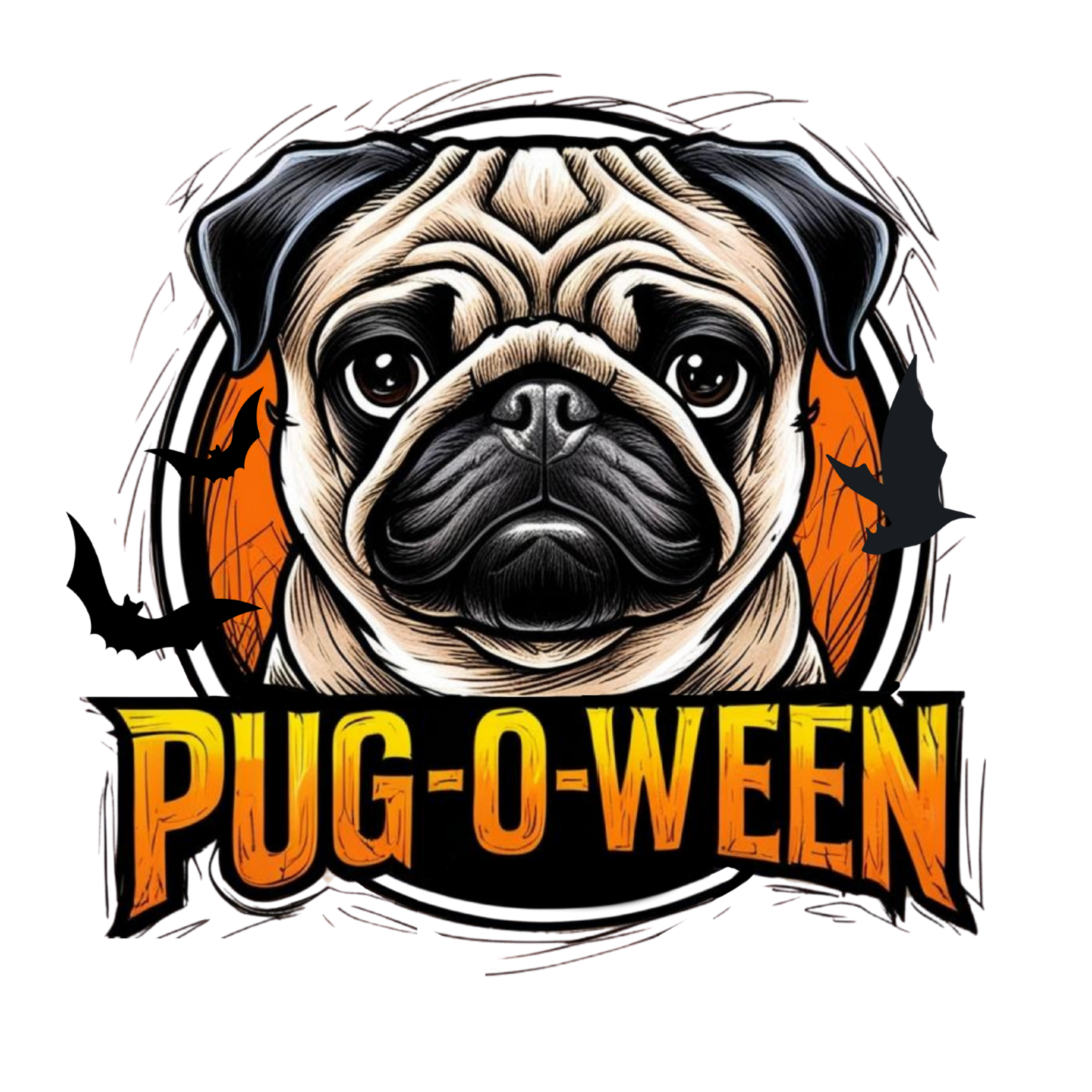 Illustration of a pug dog's face with a Halloween theme, featuring bats and an orange background, with the text 'Pug-o-ween' in bold orange and yellow letters.