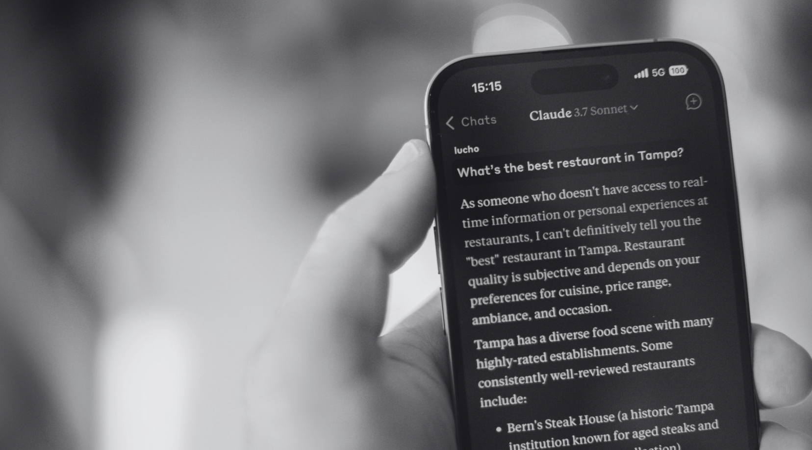 Claude AI response on a phone to what the best restaurants in Tampa are.