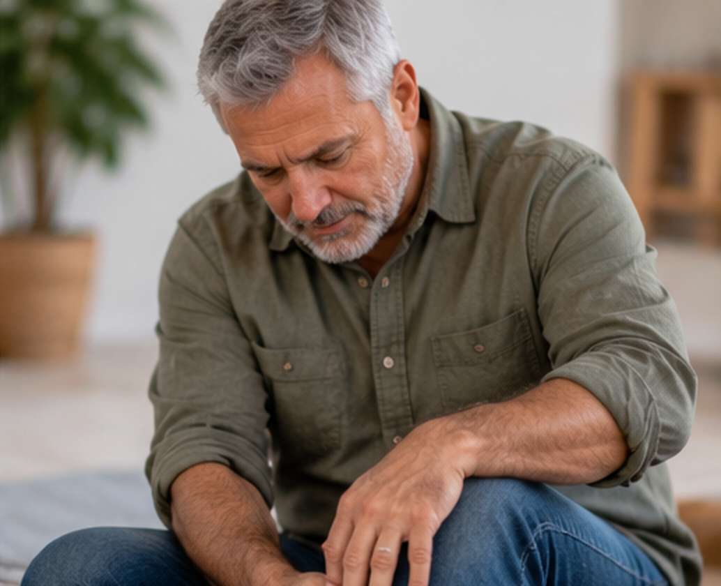 An older man with gray hair and a beard sitting indoors, looking down with a distressed expression.