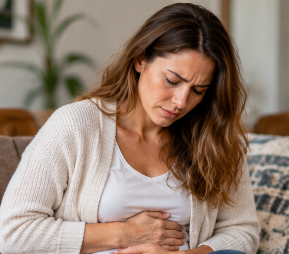 A woman clutching her stomach, appearing to be in pain, seated on a couch in a living room.