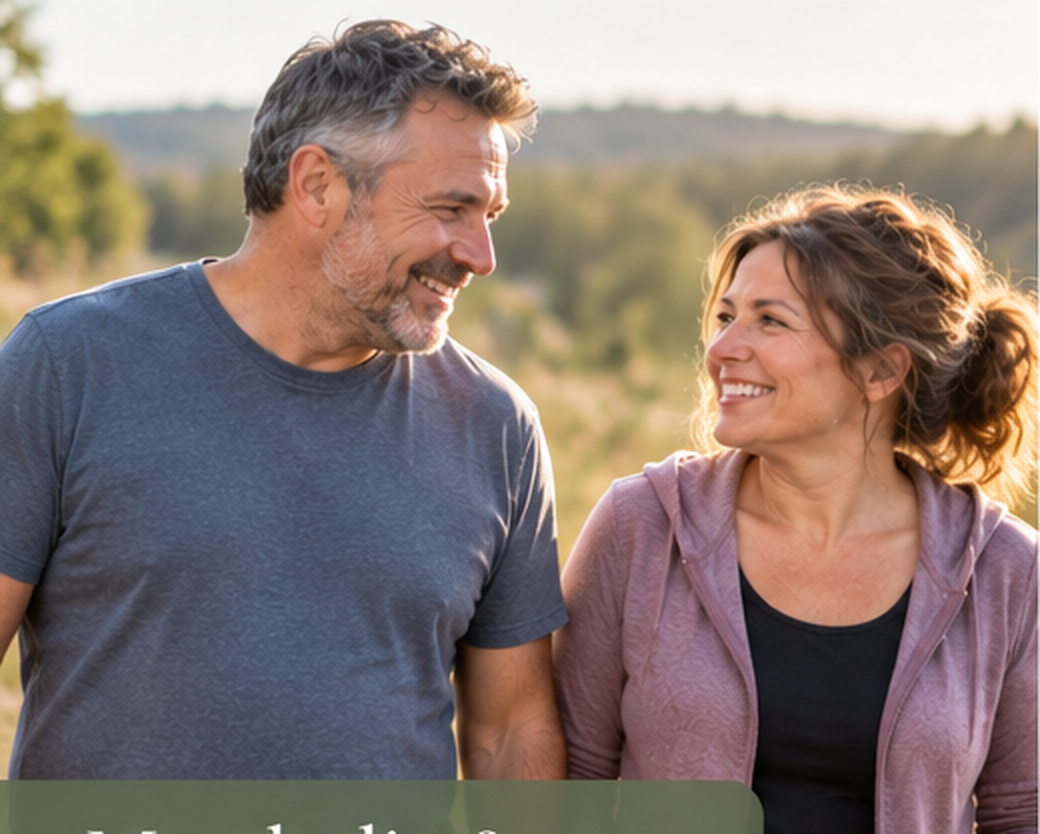 A smiling middle-aged man and woman holding hands outdoors in a natural setting with trees and hills in the background.