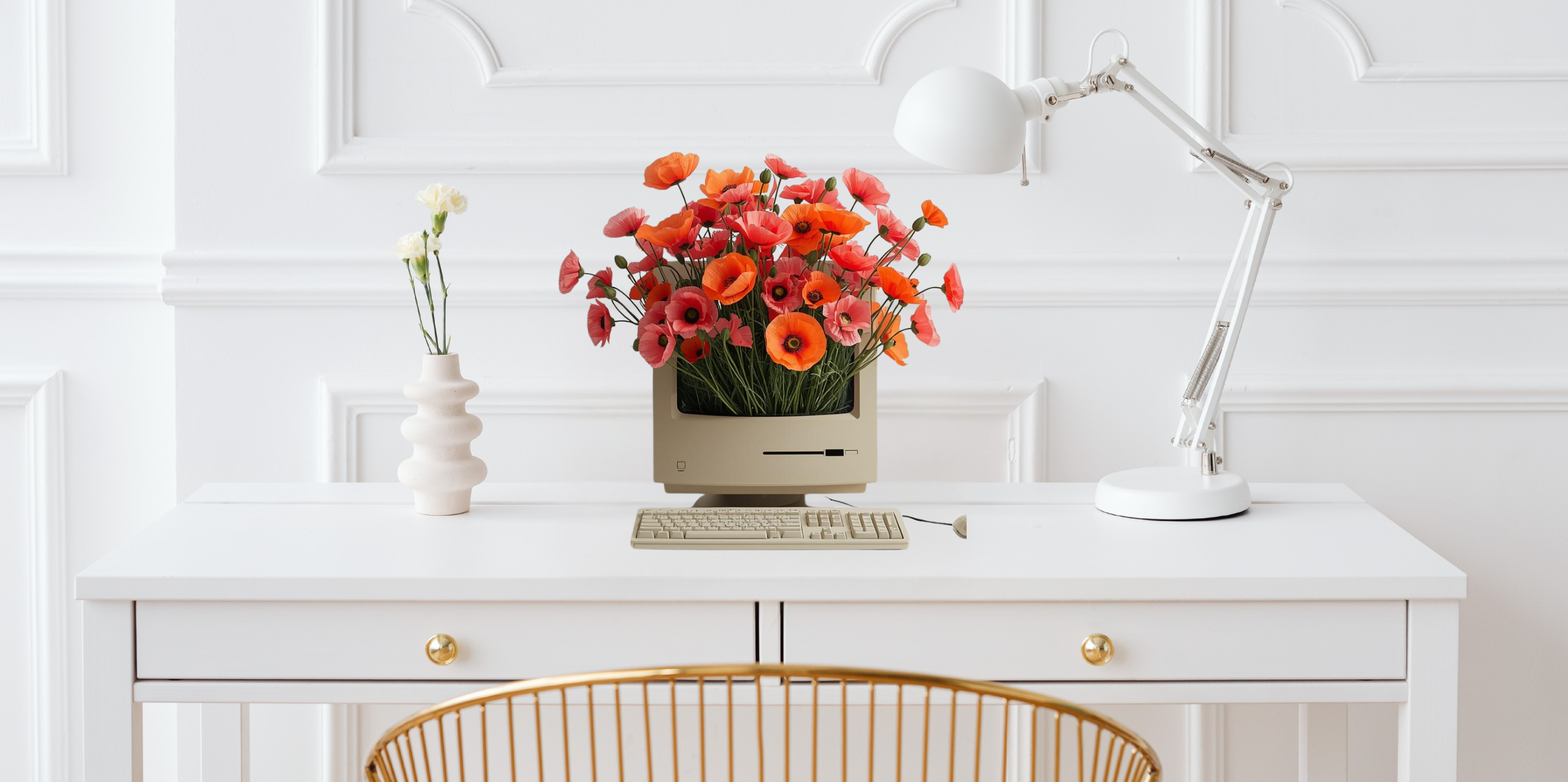 A vintage Macintosh computer with vibrant orange poppies growing out of the screen on a clean white desk, symbolizing the rebirth of original expertise in the 2026 content landscape.